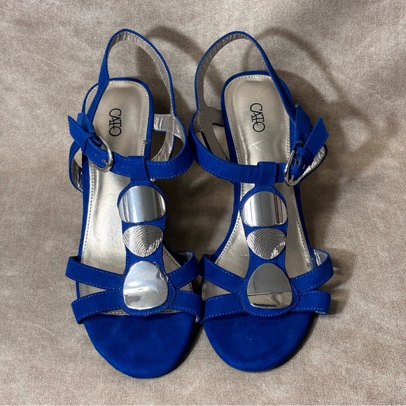 Cato Blue Strappy Woven Wedge Sandal wSilver Embellishments Sz 9 - Picture 1 of 8